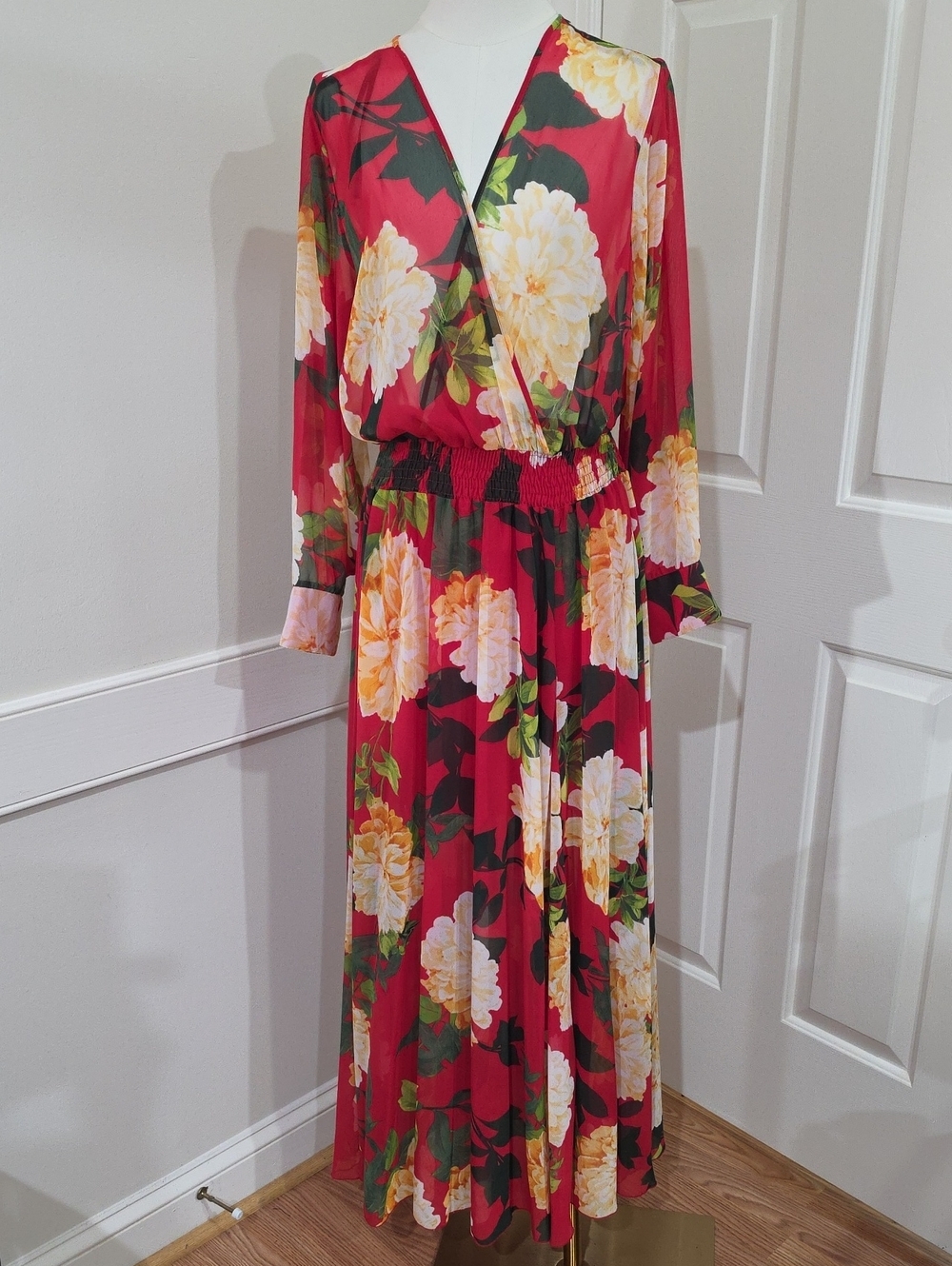 Kate and Lily Sheer Floral Maxi Dress Size 14 Red Orange Peony Boho Pullover